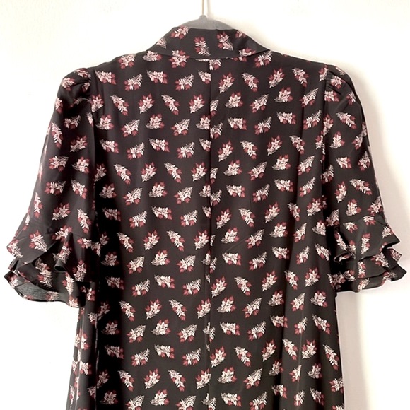 FRAME Silk Floral Print Button Front Ruffle Sleeve Shirtdress in Noir Multi - Picture 9 of 10